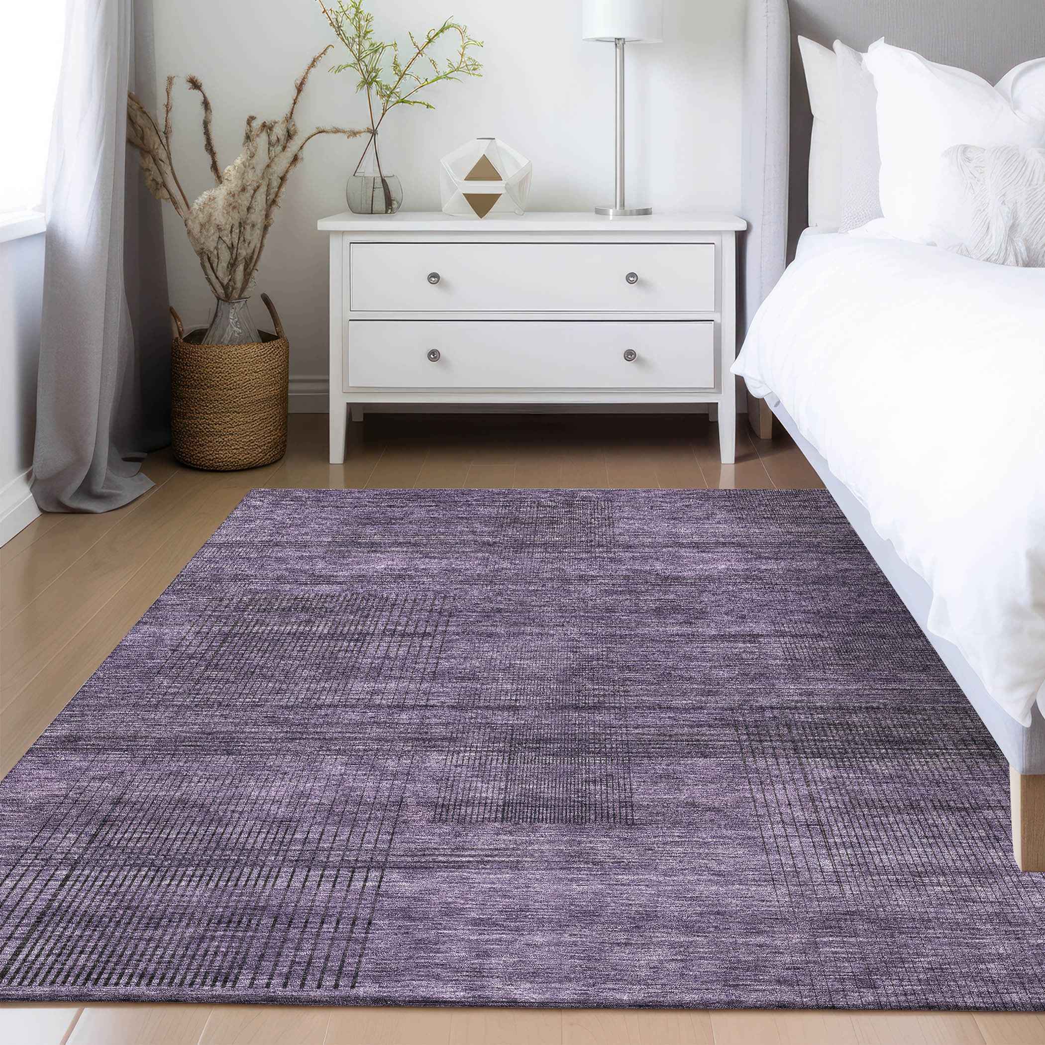 8' X 10' Plum Purple And Gray Striped Washable Indoor Outdoor Area Rug