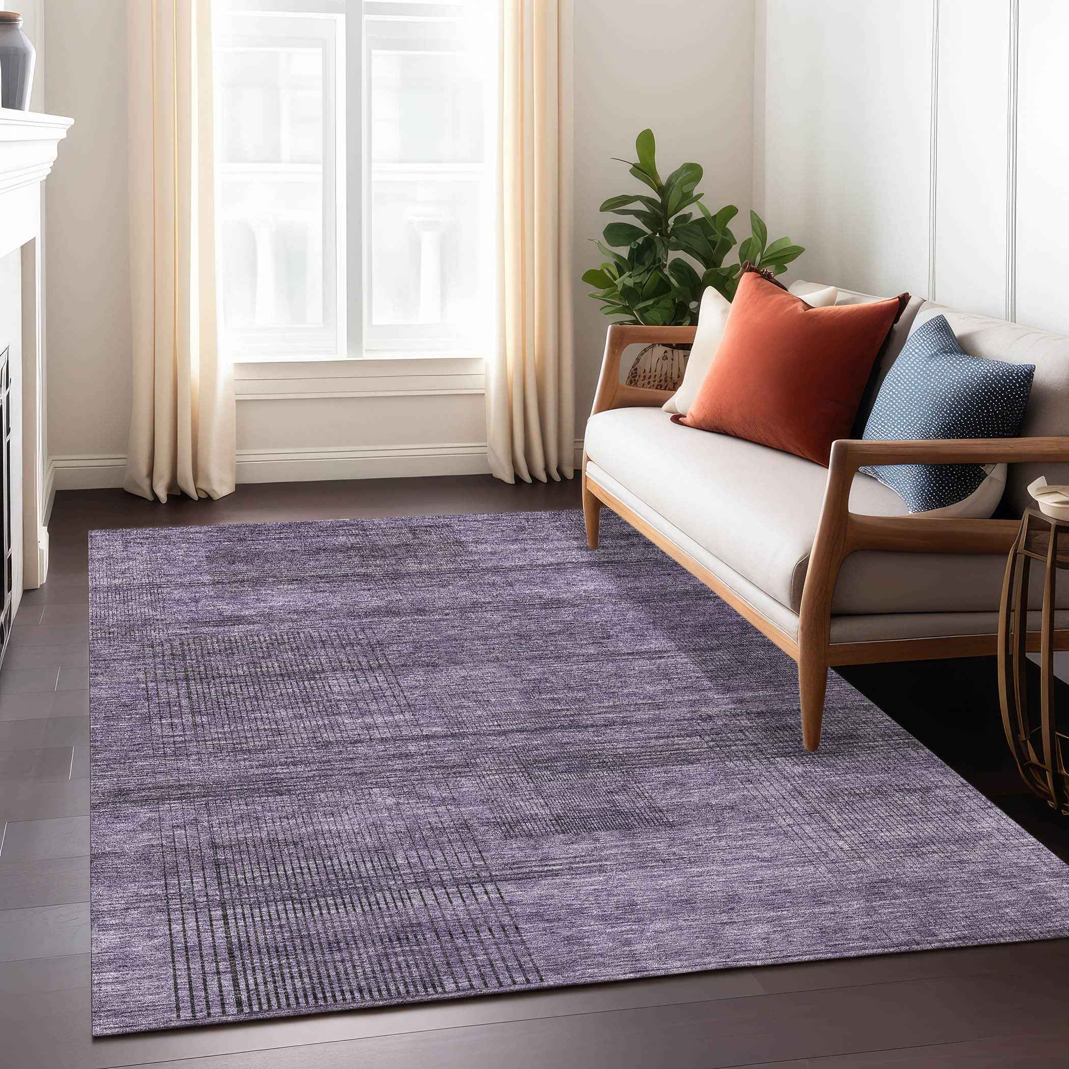 8' X 10' Plum Purple And Gray Striped Washable Indoor Outdoor Area Rug