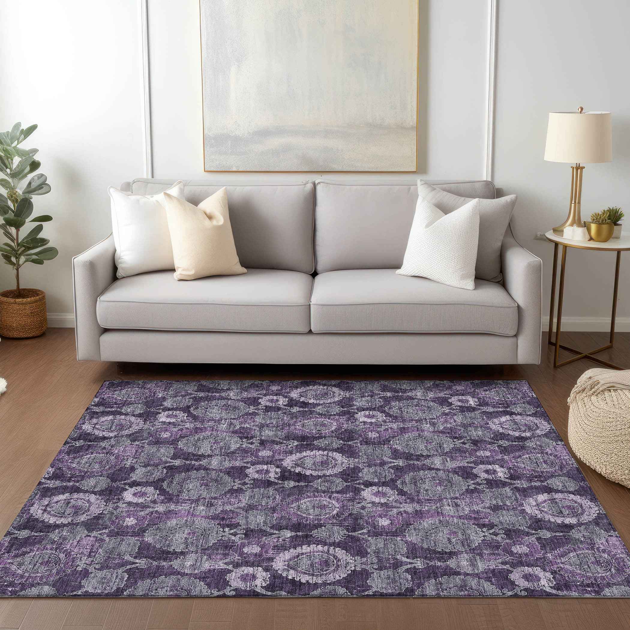 3' X 5' Eggplant Purple And Lavender Damask Washable Indoor Outdoor Area Rug