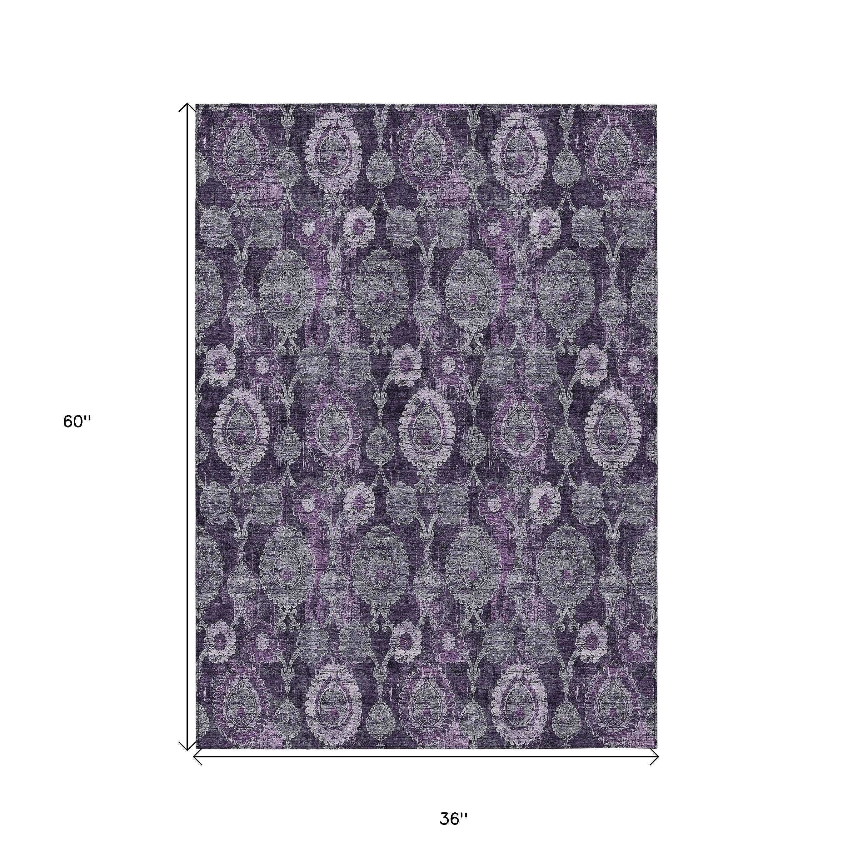 3' X 5' Eggplant Purple And Lavender Damask Washable Indoor Outdoor Area Rug