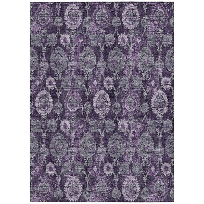 3' X 5' Eggplant Purple And Lavender Damask Washable Indoor Outdoor Area Rug