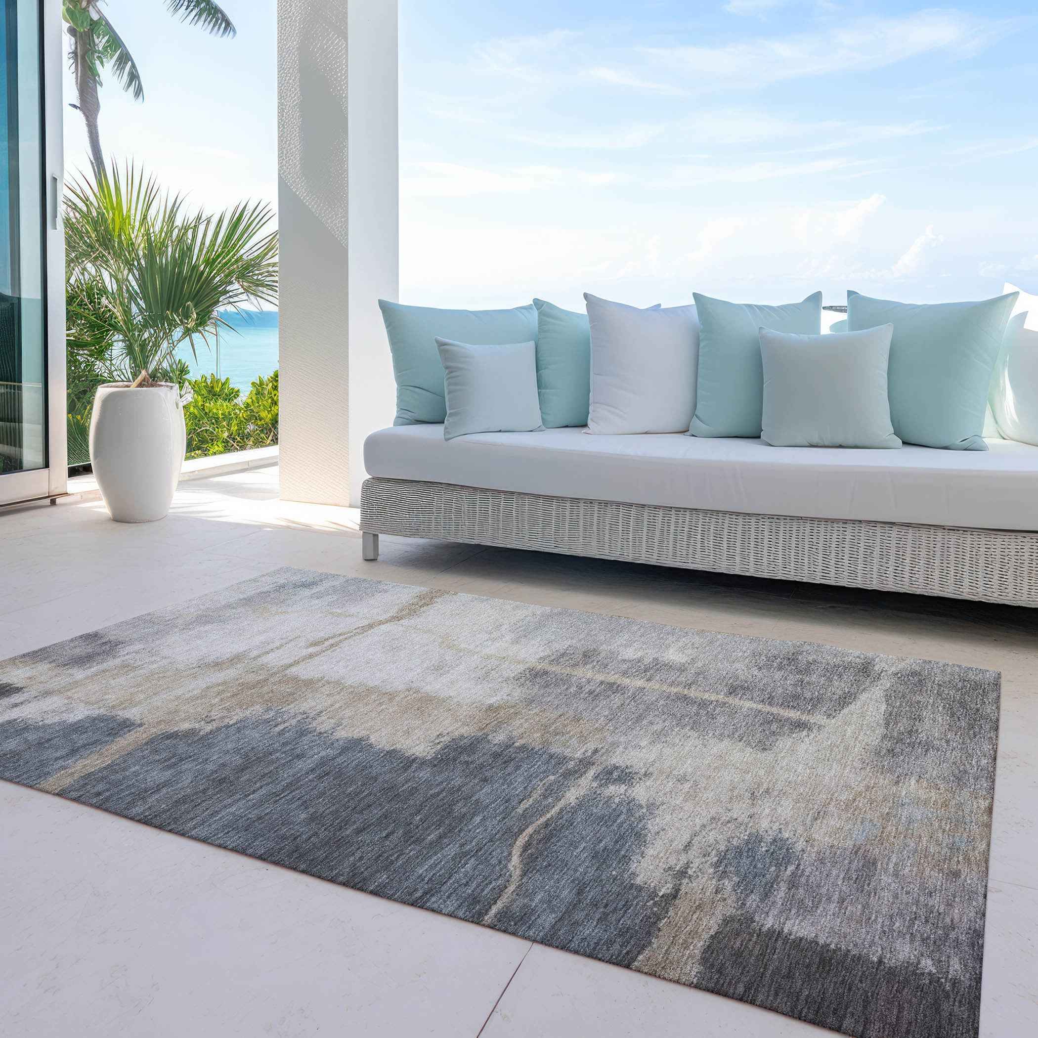 5' X 8' Gray Charcoal And Beige Abstract Washable Indoor Outdoor Area Rug