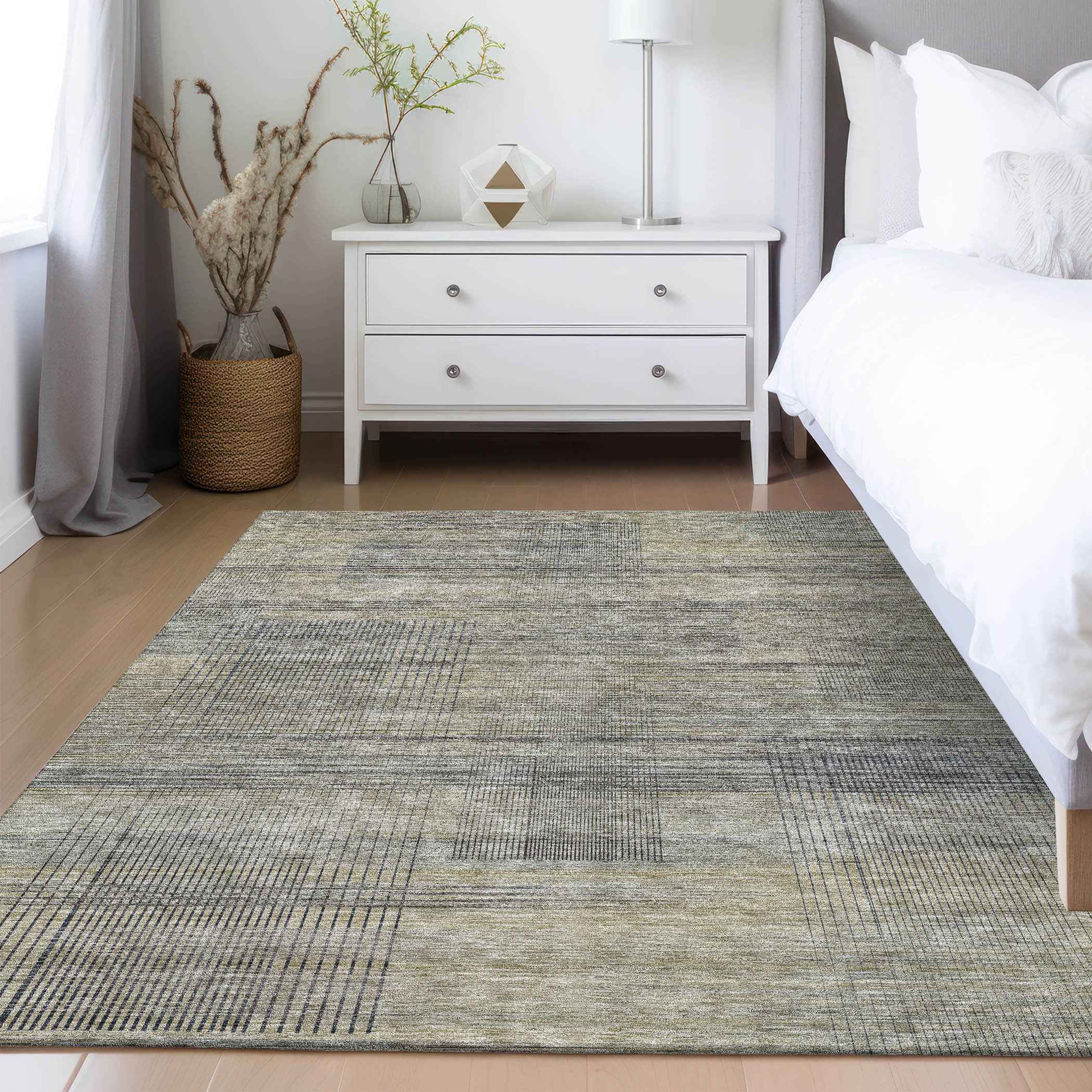 5' X 8' Khaki Beige And Gray Striped Washable Indoor Outdoor Area Rug