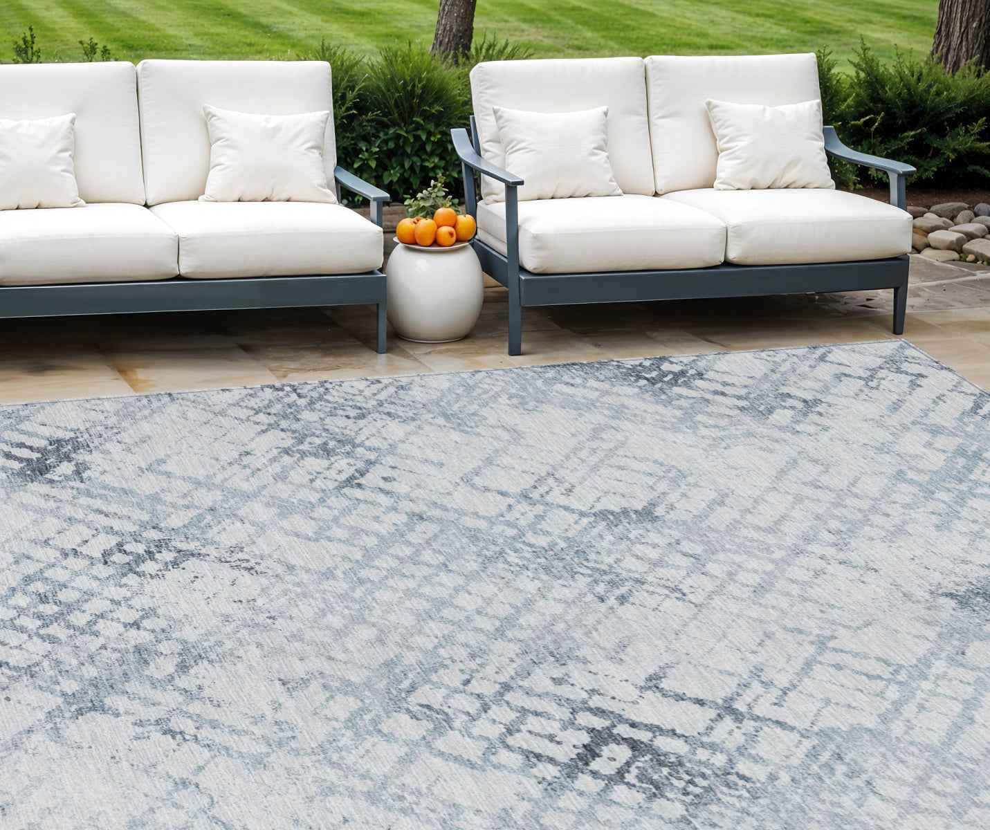 8' X 10' Navy Blue And Sky Blue Geometric Washable Indoor Outdoor Area Rug