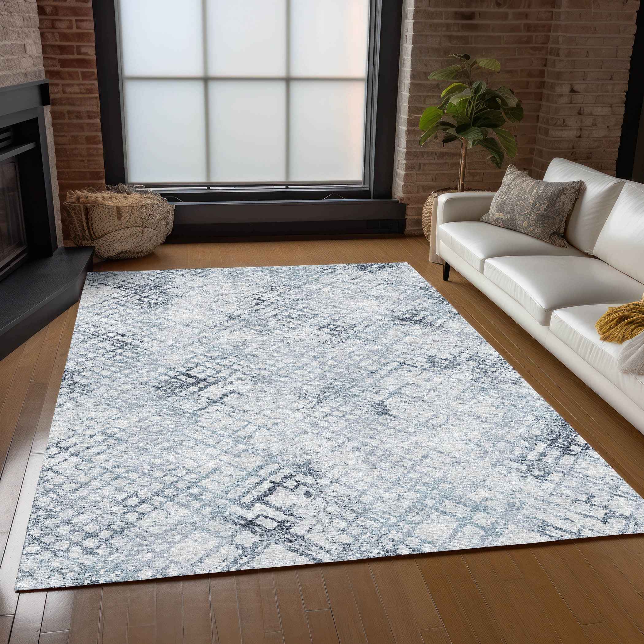 8' X 10' Navy Blue And Sky Blue Geometric Washable Indoor Outdoor Area Rug