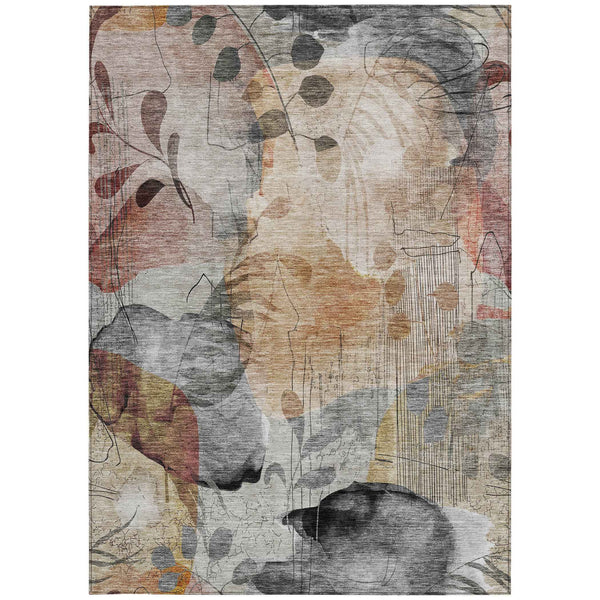 5' X 8' Terra Cotta Copper And Beige Floral Washable Indoor Outdoor Area Rug