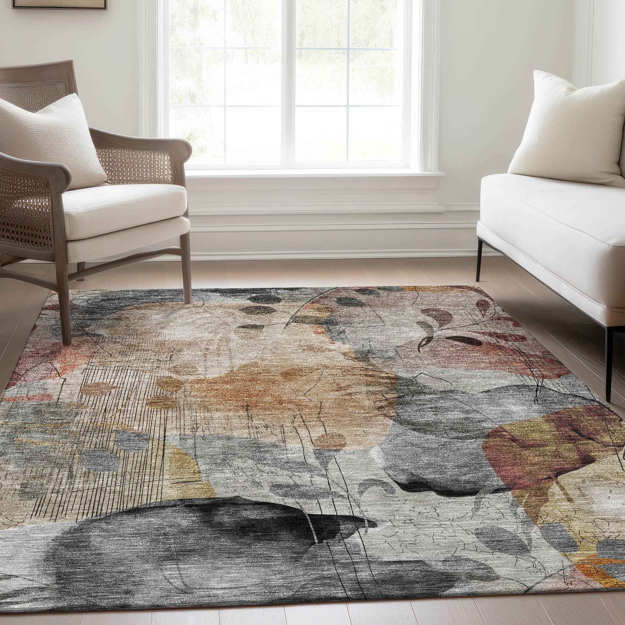 5' X 8' Terra Cotta Copper And Beige Floral Washable Indoor Outdoor Area Rug