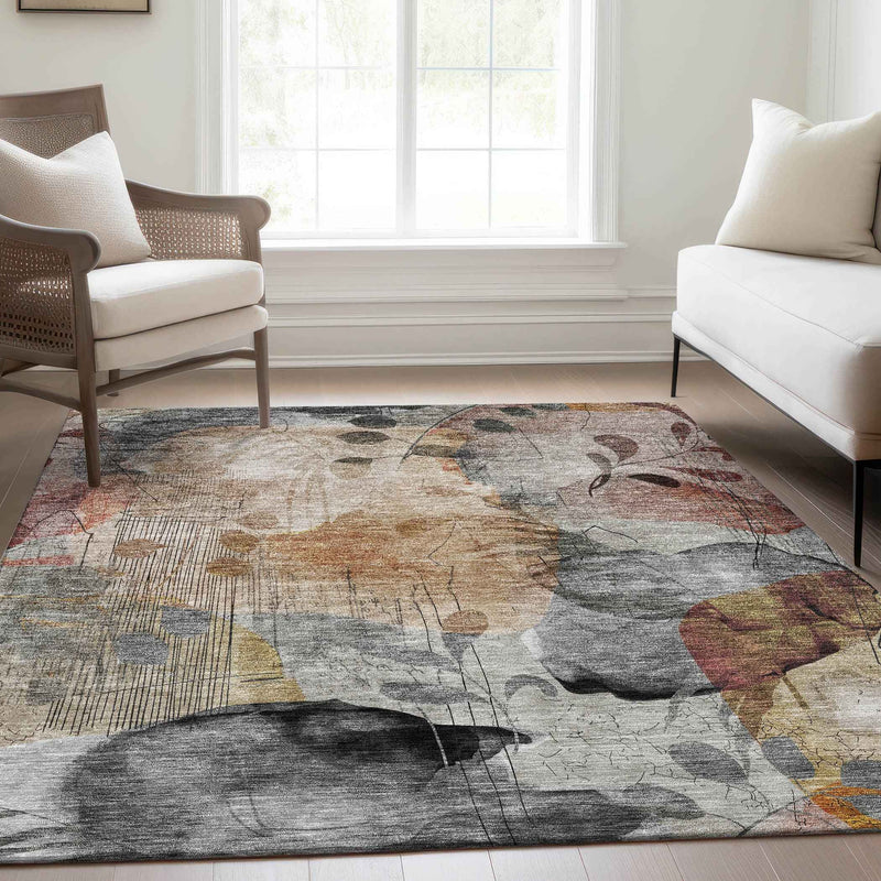 5' X 8' Terra Cotta Copper And Beige Floral Washable Indoor Outdoor Area Rug