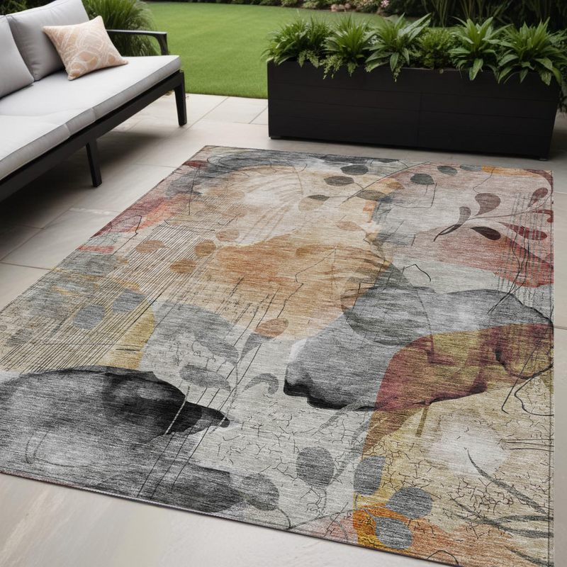 5' X 8' Terra Cotta Copper And Beige Floral Washable Indoor Outdoor Area Rug