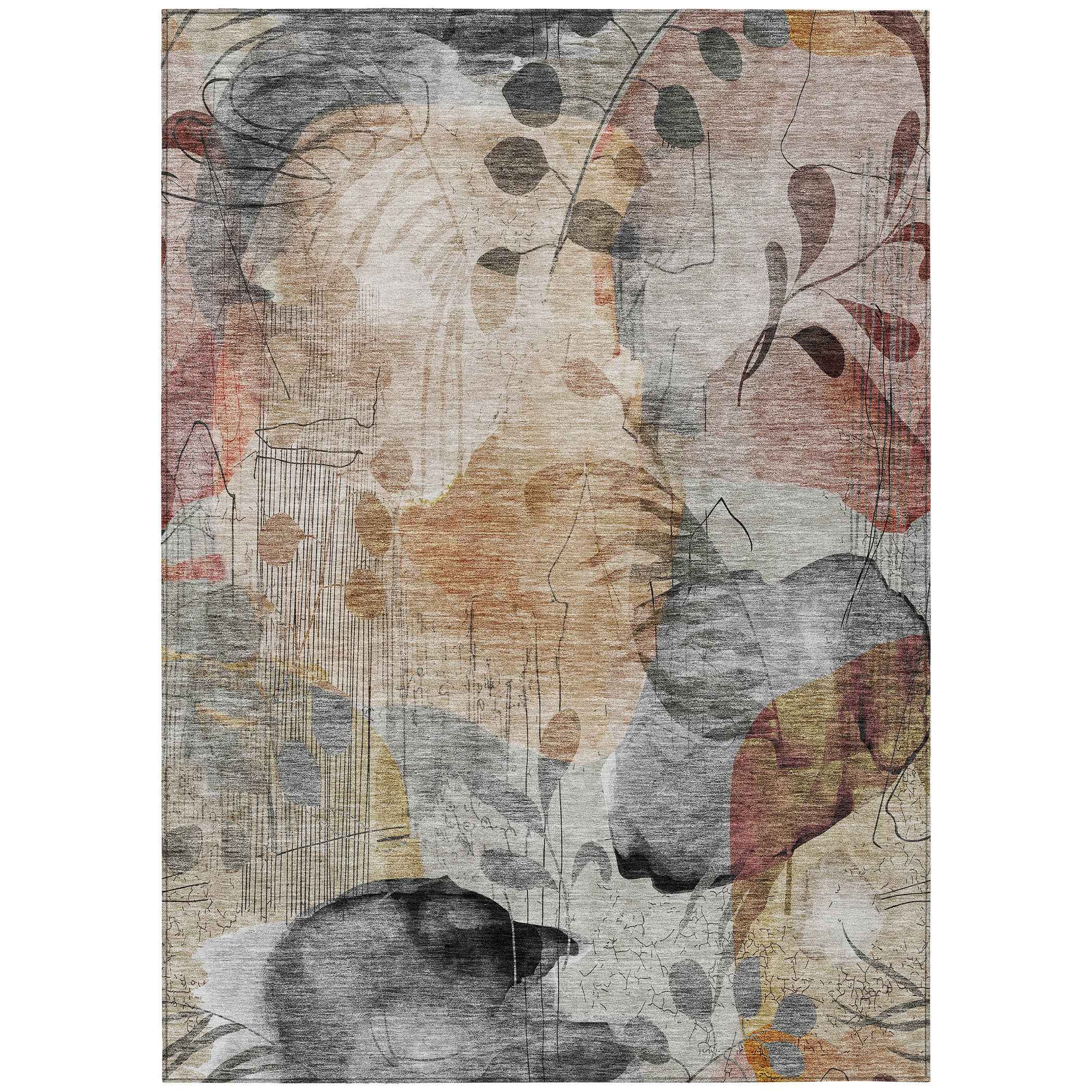5' X 8' Terra Cotta Copper And Beige Floral Washable Indoor Outdoor Area Rug