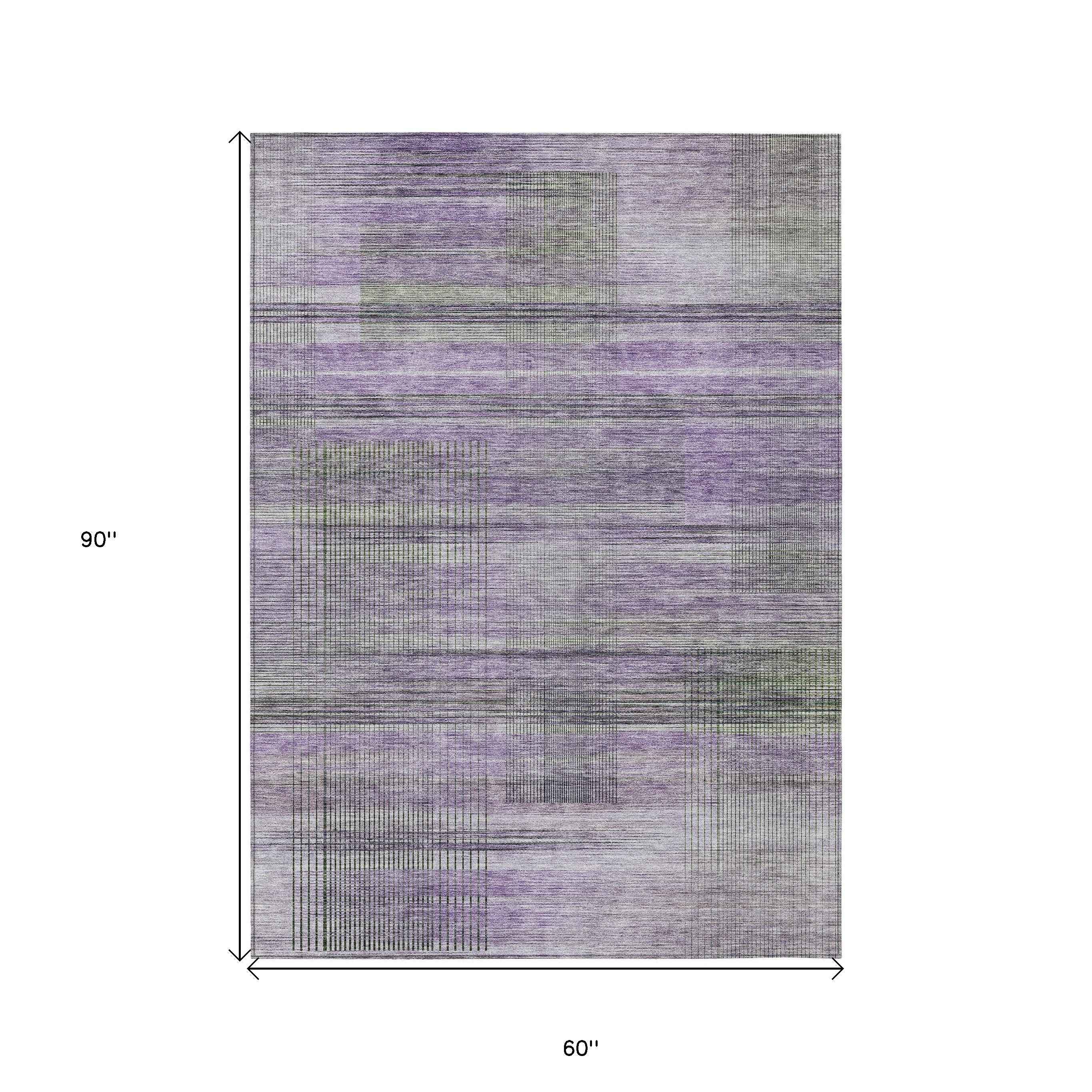 5' X 8' Purple Lavender And Gray Striped Washable Indoor Outdoor Area Rug