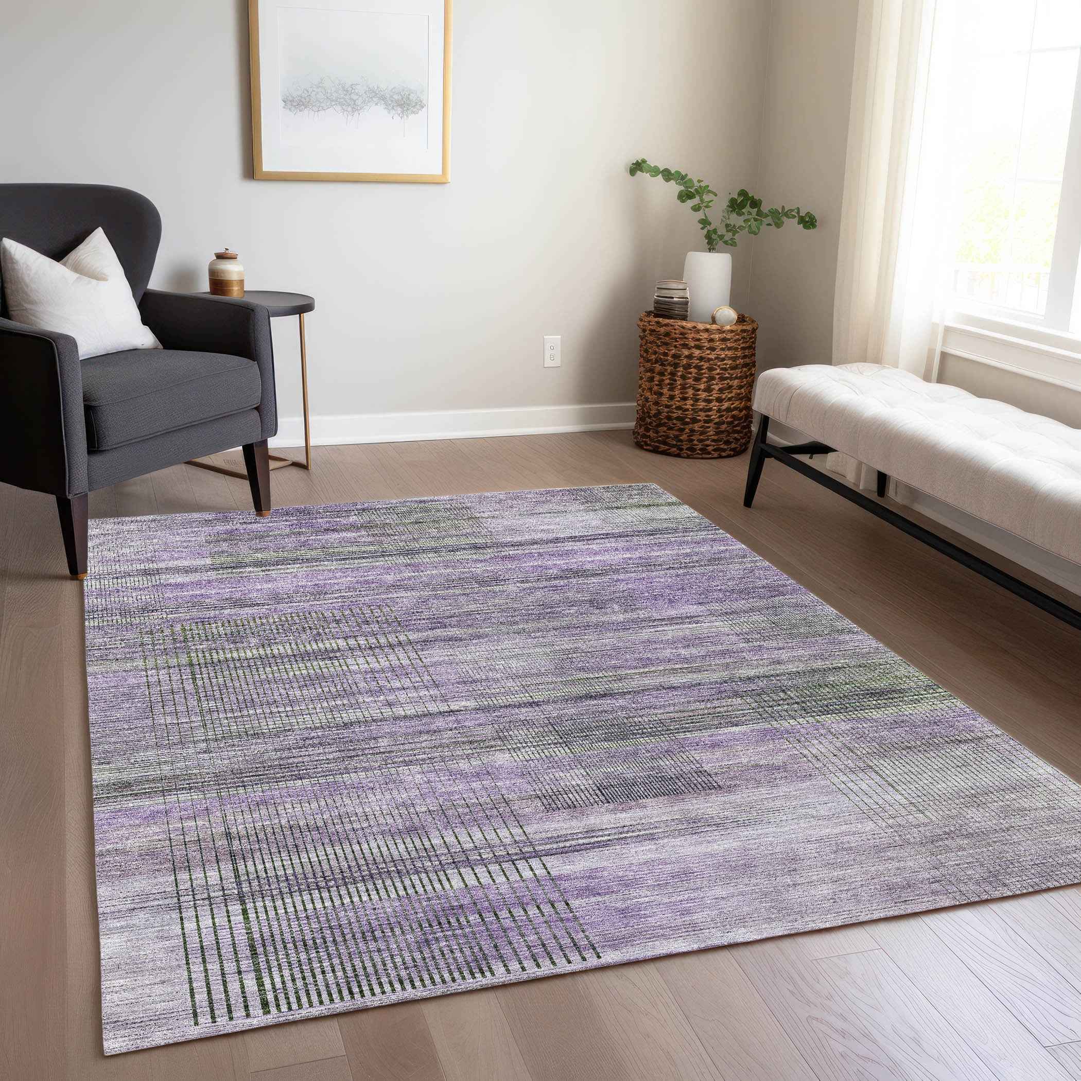 5' X 8' Purple Lavender And Gray Striped Washable Indoor Outdoor Area Rug