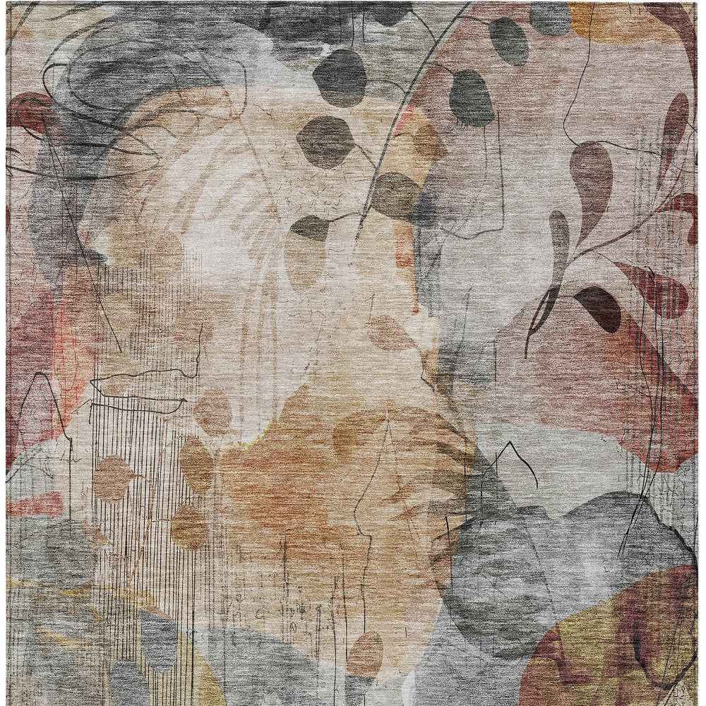 3' X 5' Terra Cotta Copper And Beige Floral Washable Indoor Outdoor Area Rug