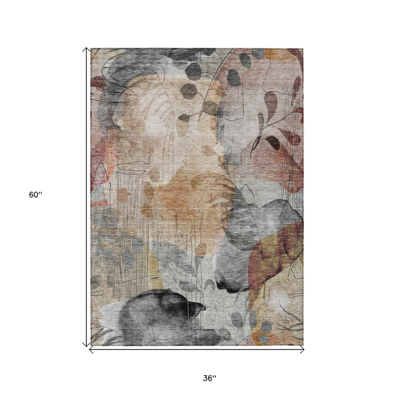 3' X 5' Terra Cotta Copper And Beige Floral Washable Indoor Outdoor Area Rug