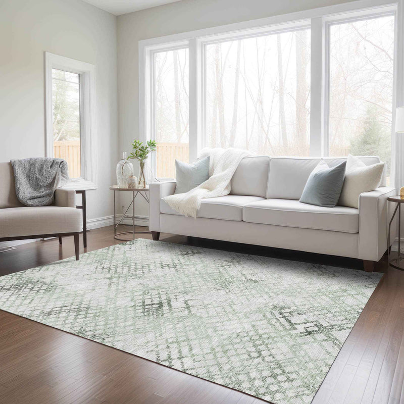 10' X 14' Artichoke Green And Ivory Geometric Washable Indoor Outdoor Area Rug