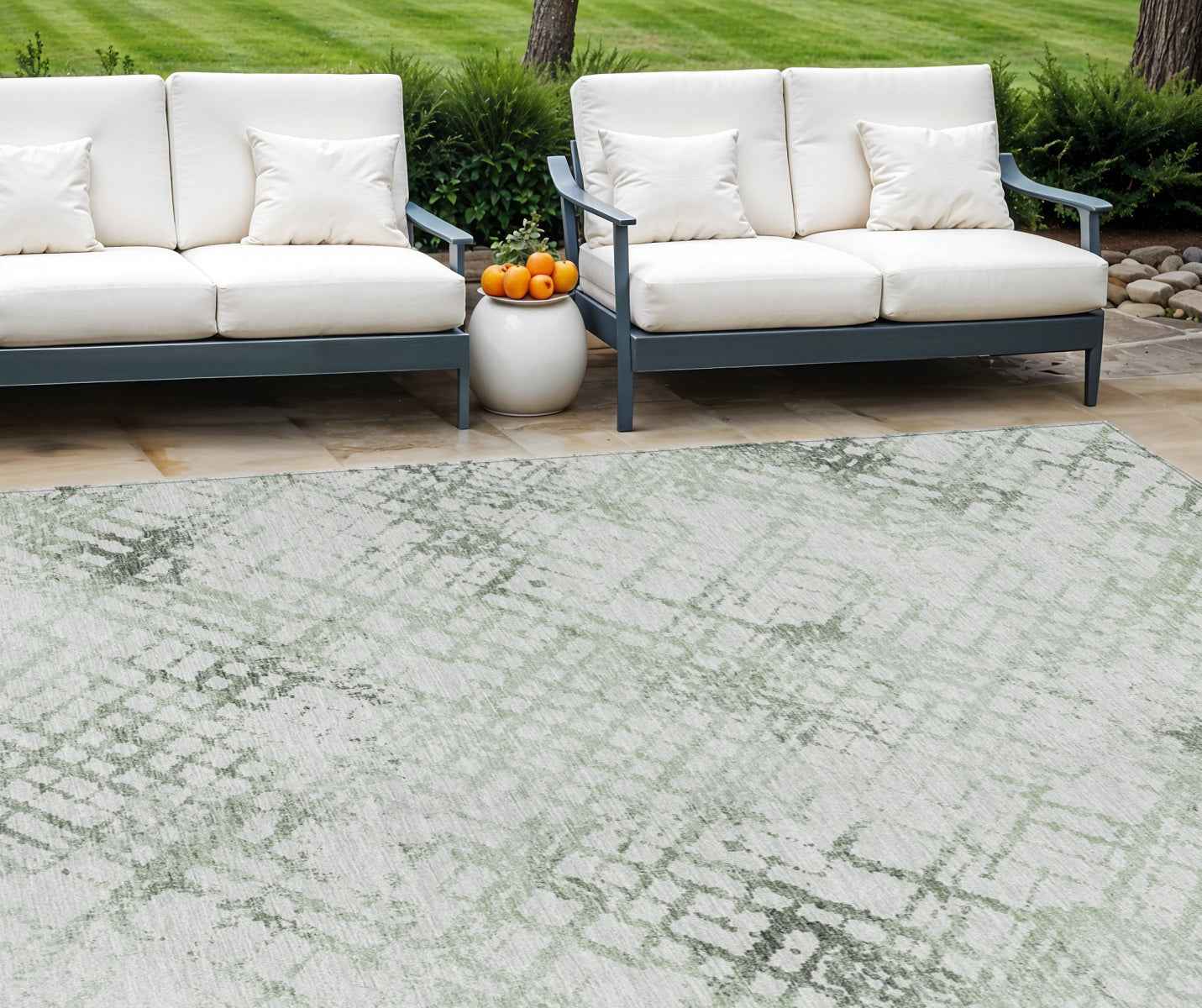 10' X 14' Artichoke Green And Ivory Geometric Washable Indoor Outdoor Area Rug