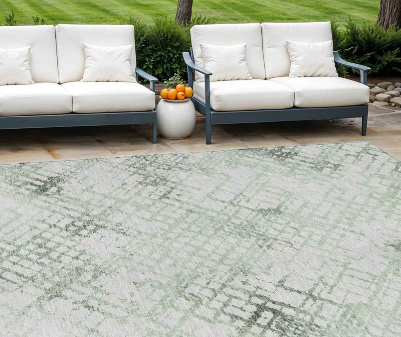 10' X 14' Artichoke Green And Ivory Geometric Washable Indoor Outdoor Area Rug