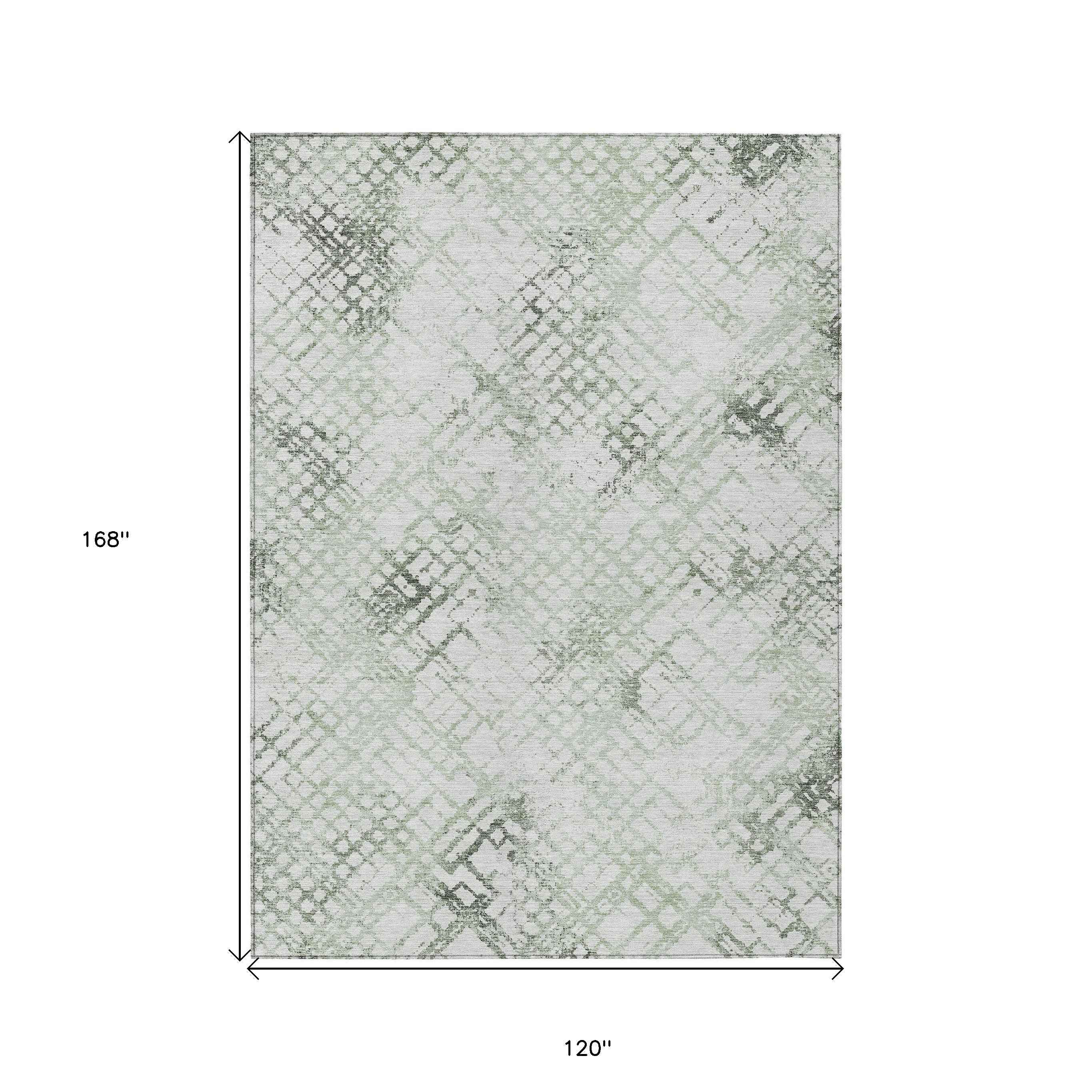 10' X 14' Artichoke Green And Ivory Geometric Washable Indoor Outdoor Area Rug