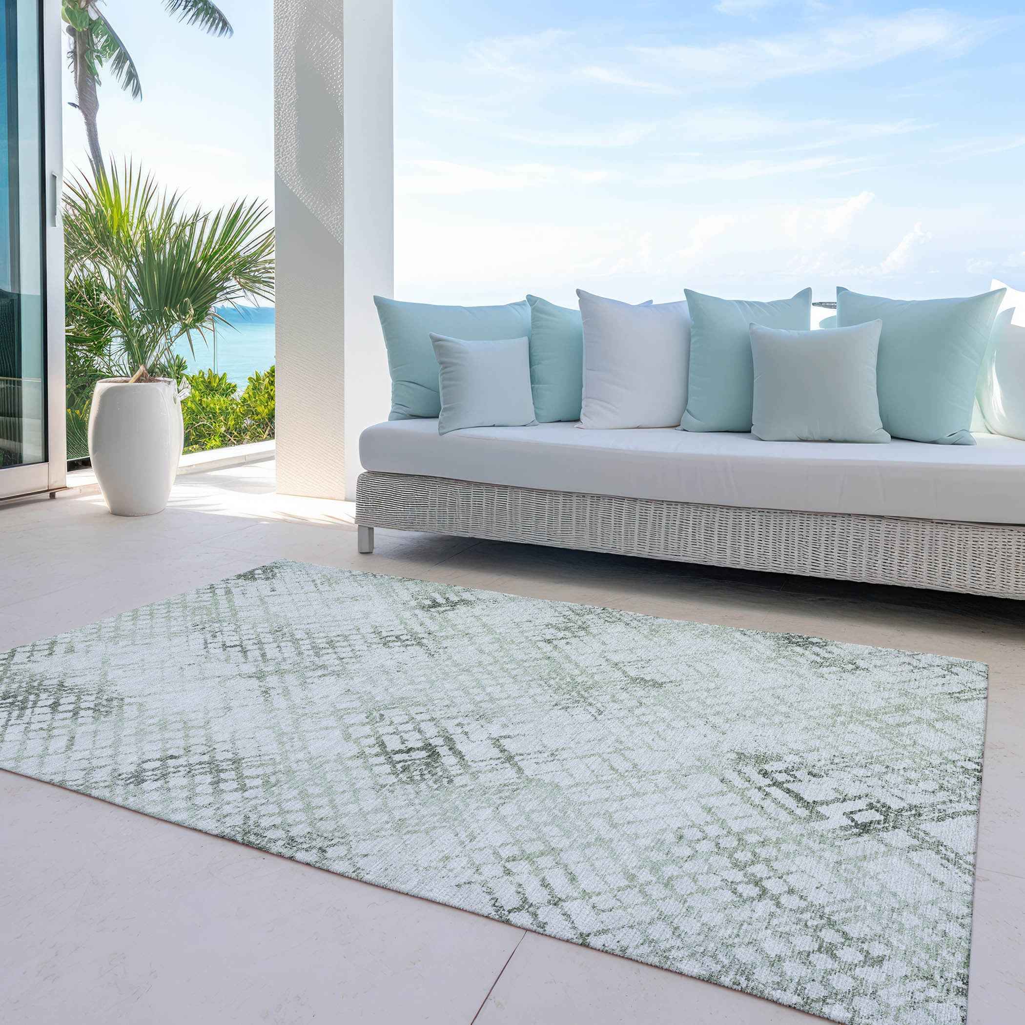 10' X 14' Artichoke Green And Ivory Geometric Washable Indoor Outdoor Area Rug