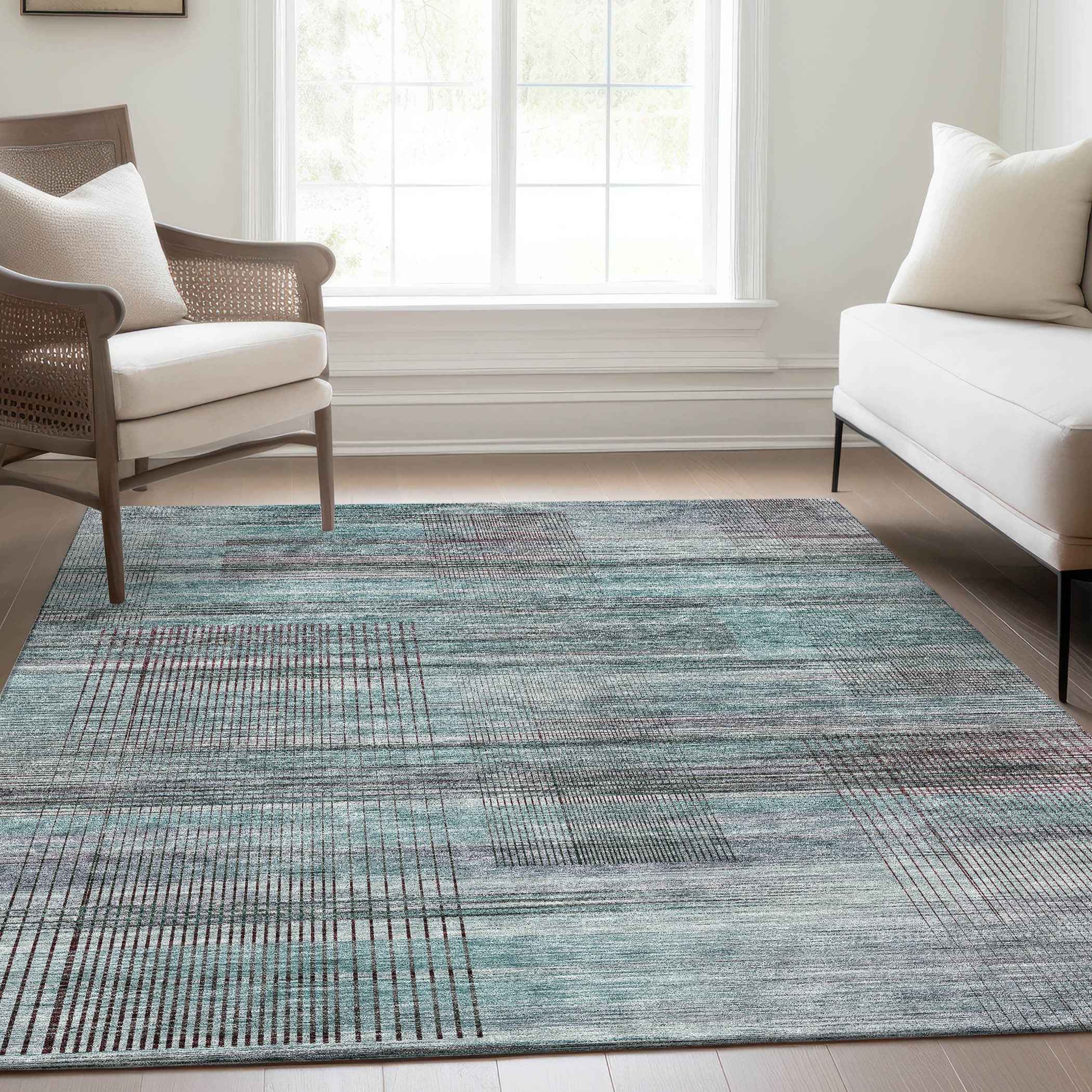 8' X 10' Teal Blue Gray And Charcoal Striped Washable Indoor Outdoor Area Rug