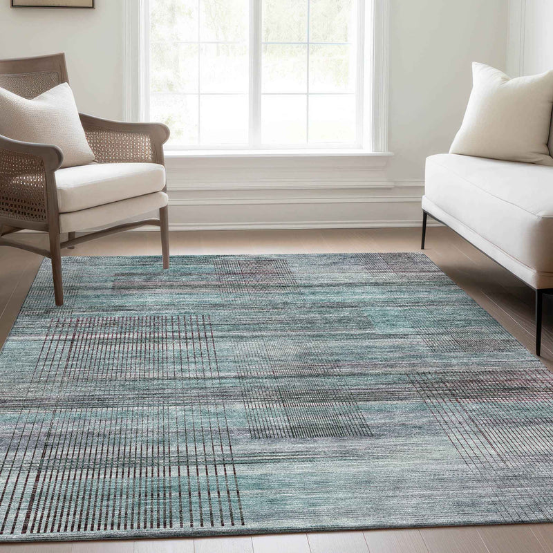 8' X 10' Teal Blue Gray And Charcoal Striped Washable Indoor Outdoor Area Rug