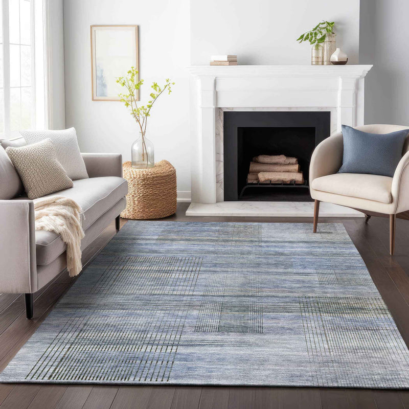8' X 10' Denim Blue And Sky Blue Striped Washable Indoor Outdoor Area Rug
