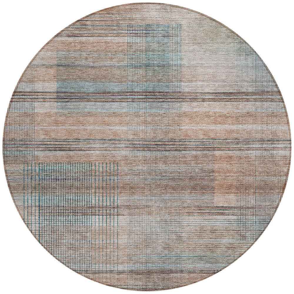 8' Copper Gray And Blue Round Striped Washable Indoor Outdoor Area Rug