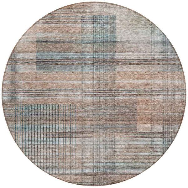 8' Copper Gray And Blue Round Striped Washable Indoor Outdoor Area Rug