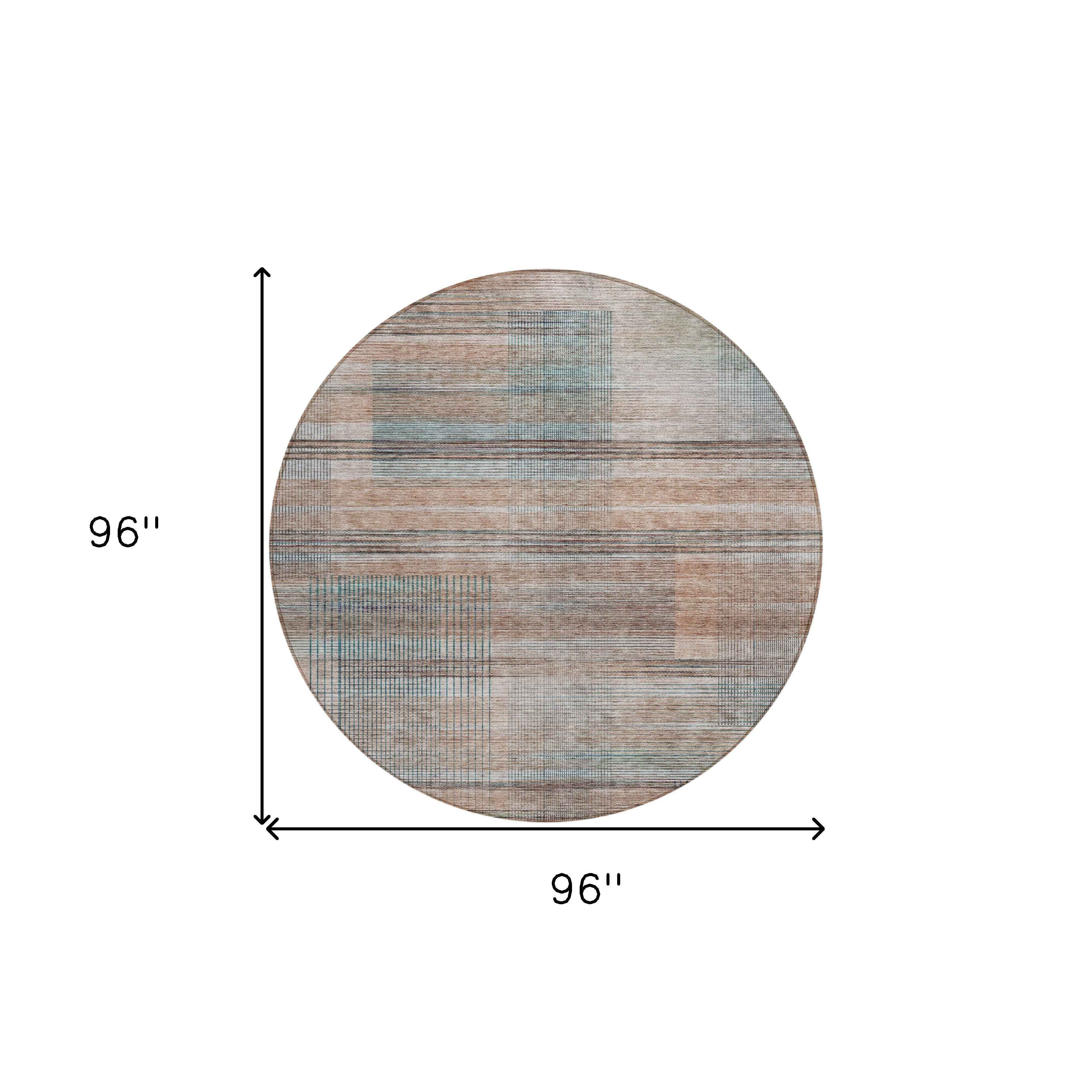8' Copper Gray And Blue Round Striped Washable Indoor Outdoor Area Rug