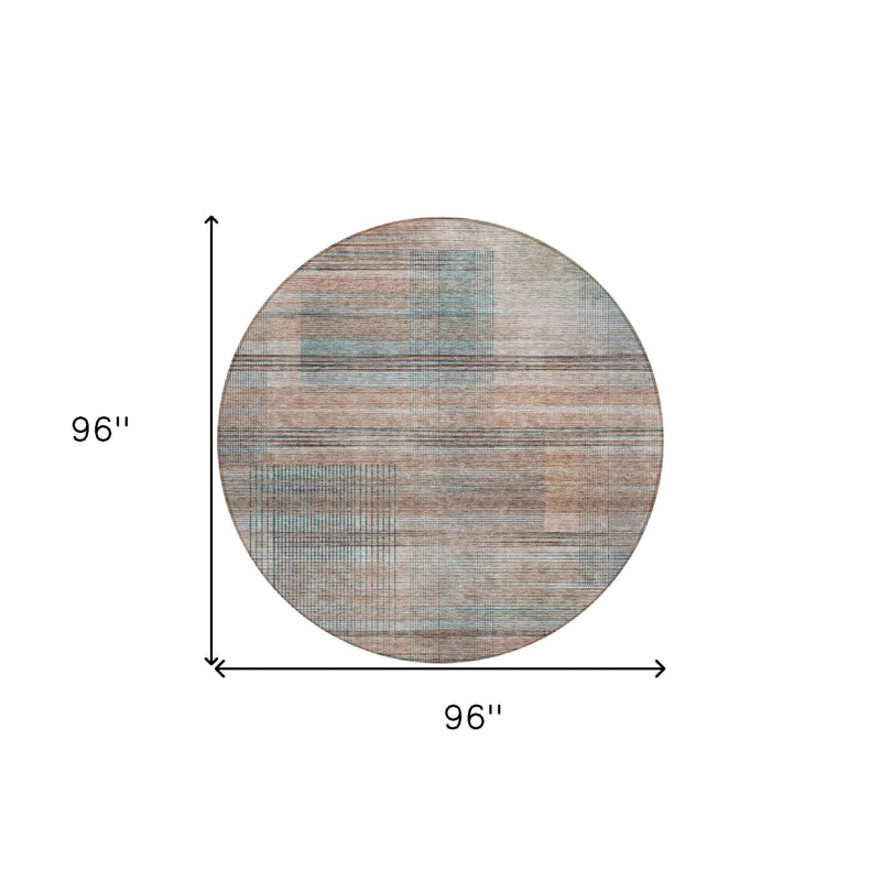8' Copper Gray And Blue Round Striped Washable Indoor Outdoor Area Rug
