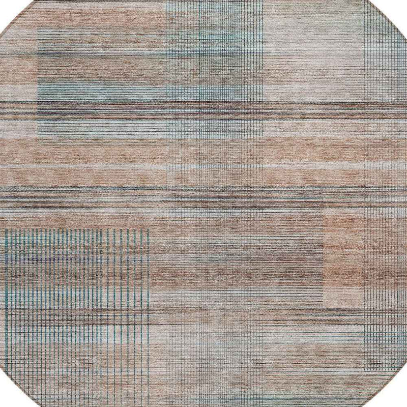 8' Copper Gray And Blue Round Striped Washable Indoor Outdoor Area Rug