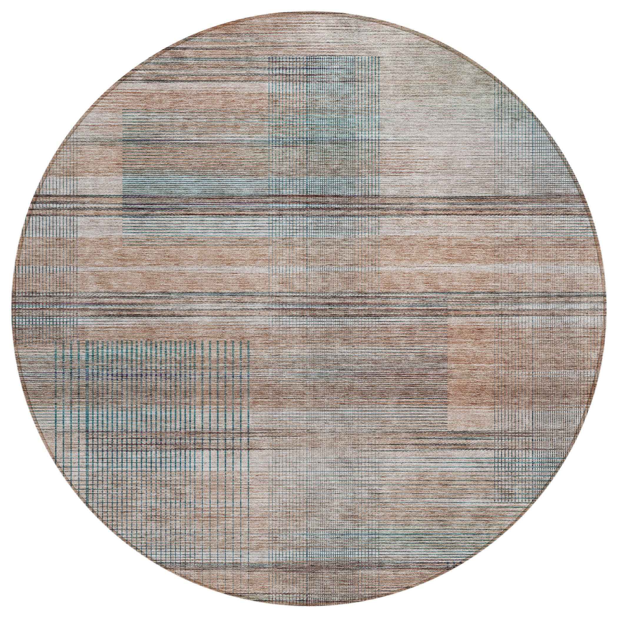 8' Copper Gray And Blue Round Striped Washable Indoor Outdoor Area Rug