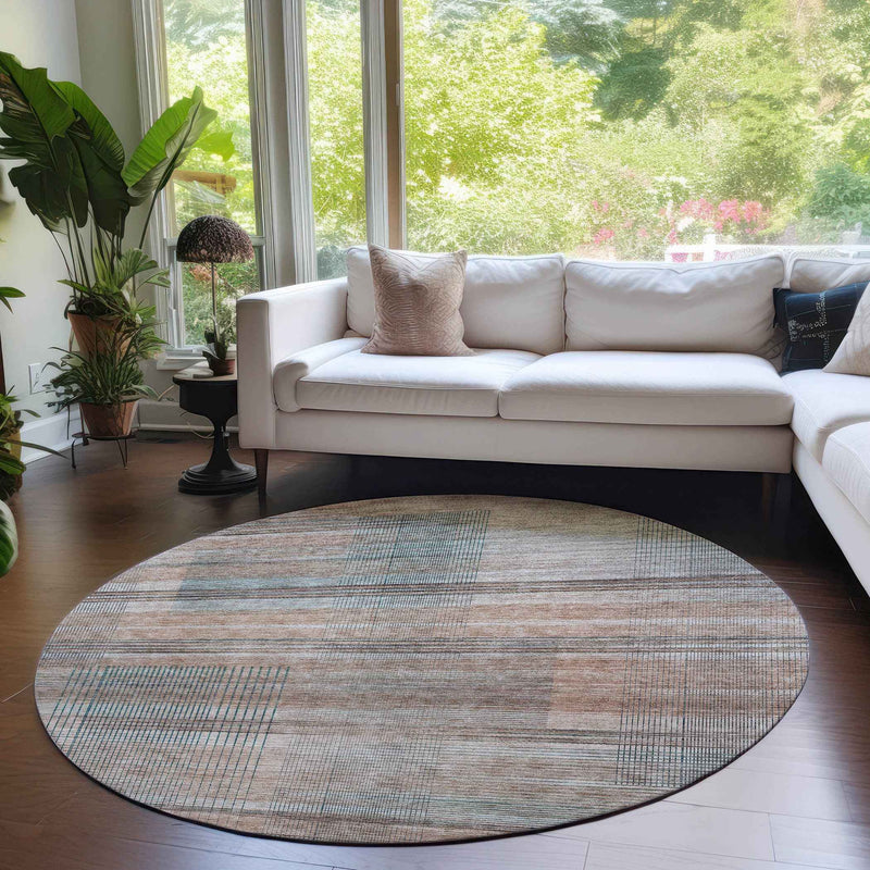 8' Copper Gray And Blue Round Striped Washable Indoor Outdoor Area Rug