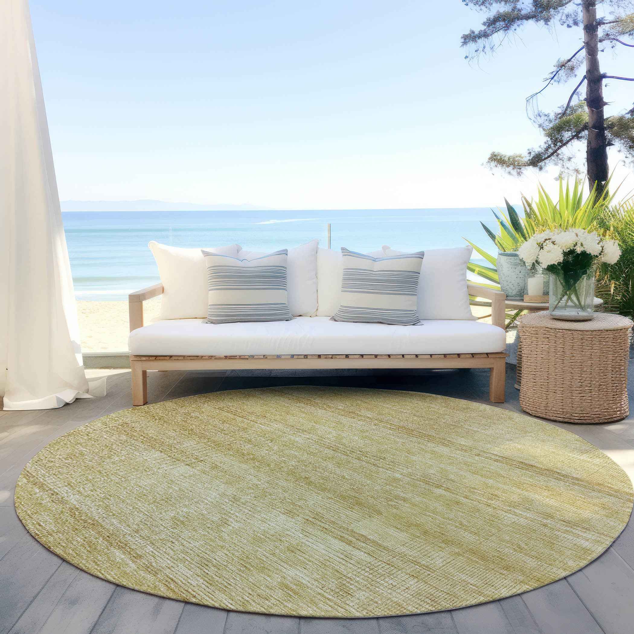8' Gold Wheat And Beige Round Striped Washable Indoor Outdoor Area Rug