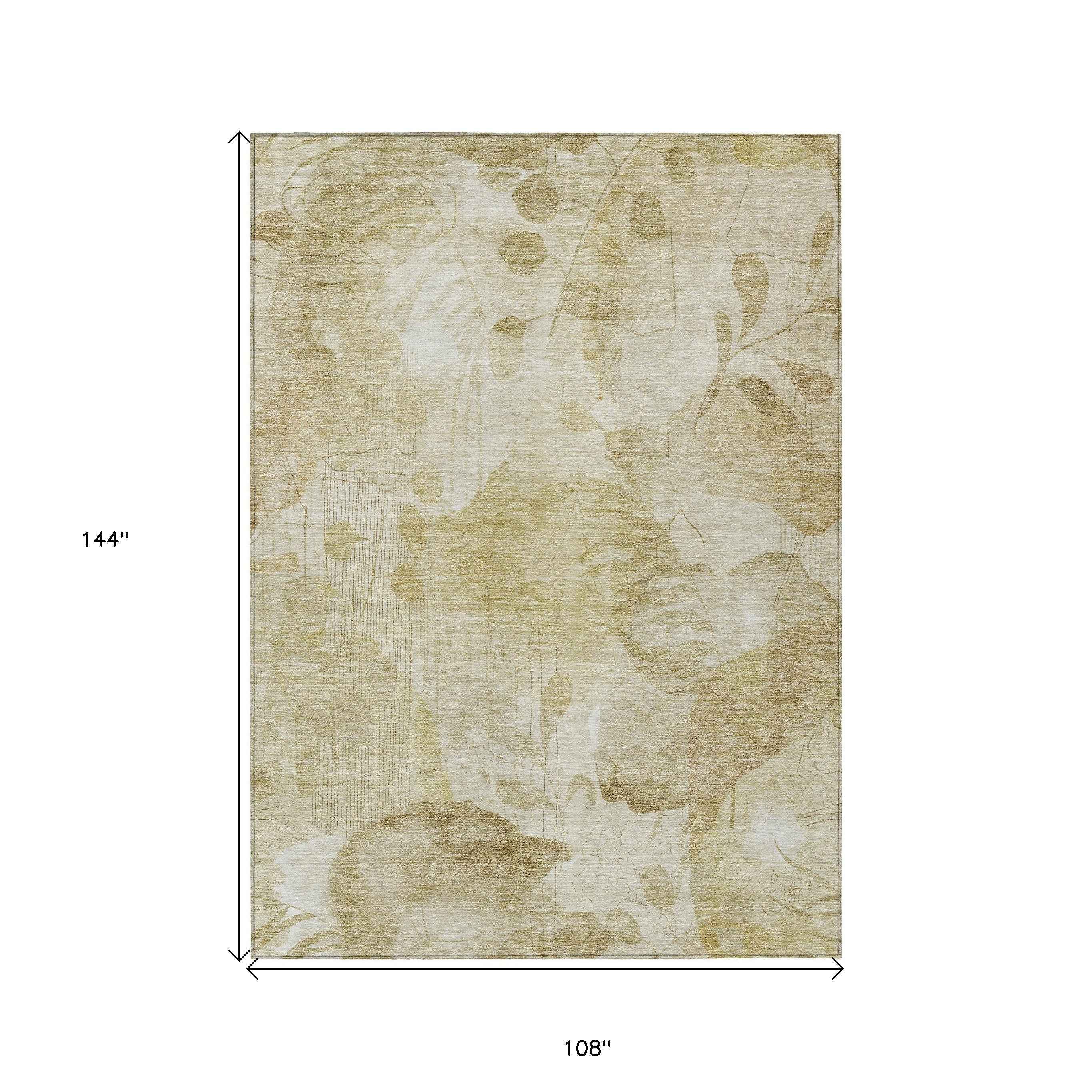 9' X 12' Beige Tan And Ivory Floral Washable Indoor Outdoor Area Rug