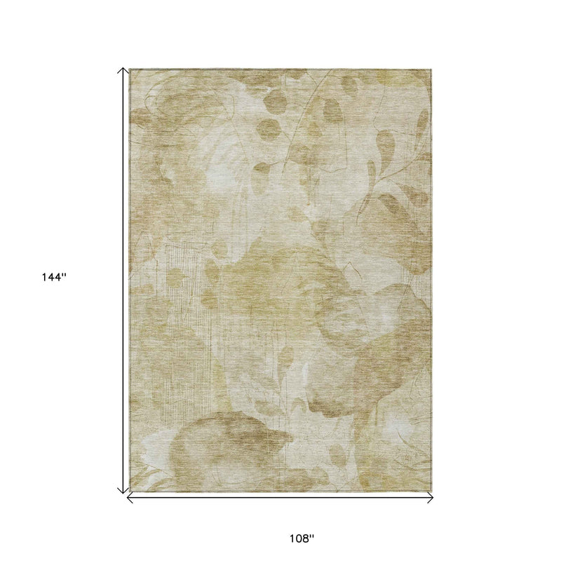 9' X 12' Beige Tan And Ivory Floral Washable Indoor Outdoor Area Rug