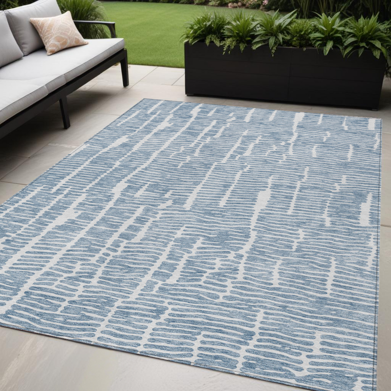 5' X 8' Blue And Ivory Abstract Washable Indoor Outdoor Area Rug