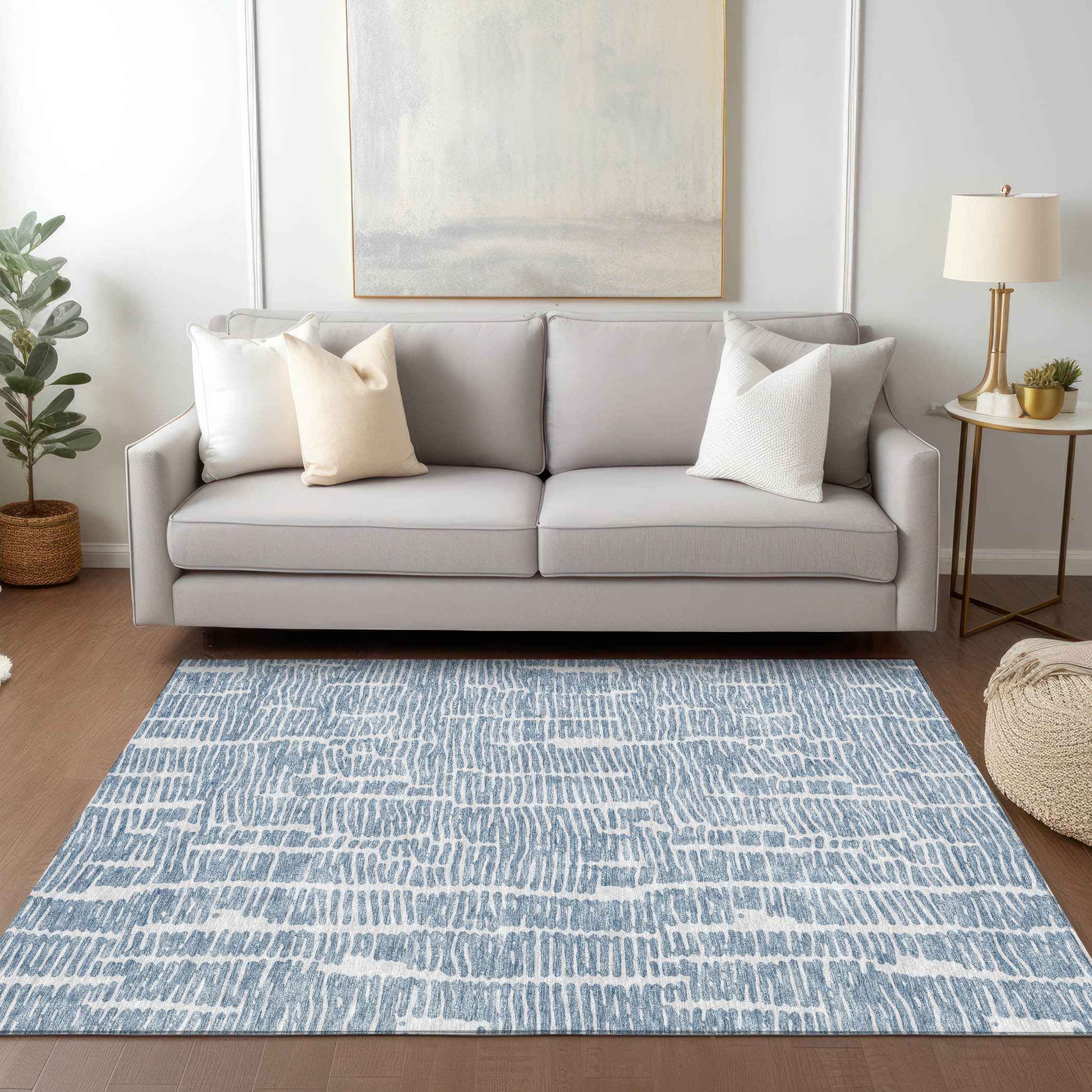 5' X 8' Blue And Ivory Abstract Washable Indoor Outdoor Area Rug