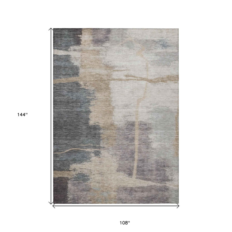 9' X 12' Gray Charcoal And Beige Abstract Washable Indoor Outdoor Area Rug