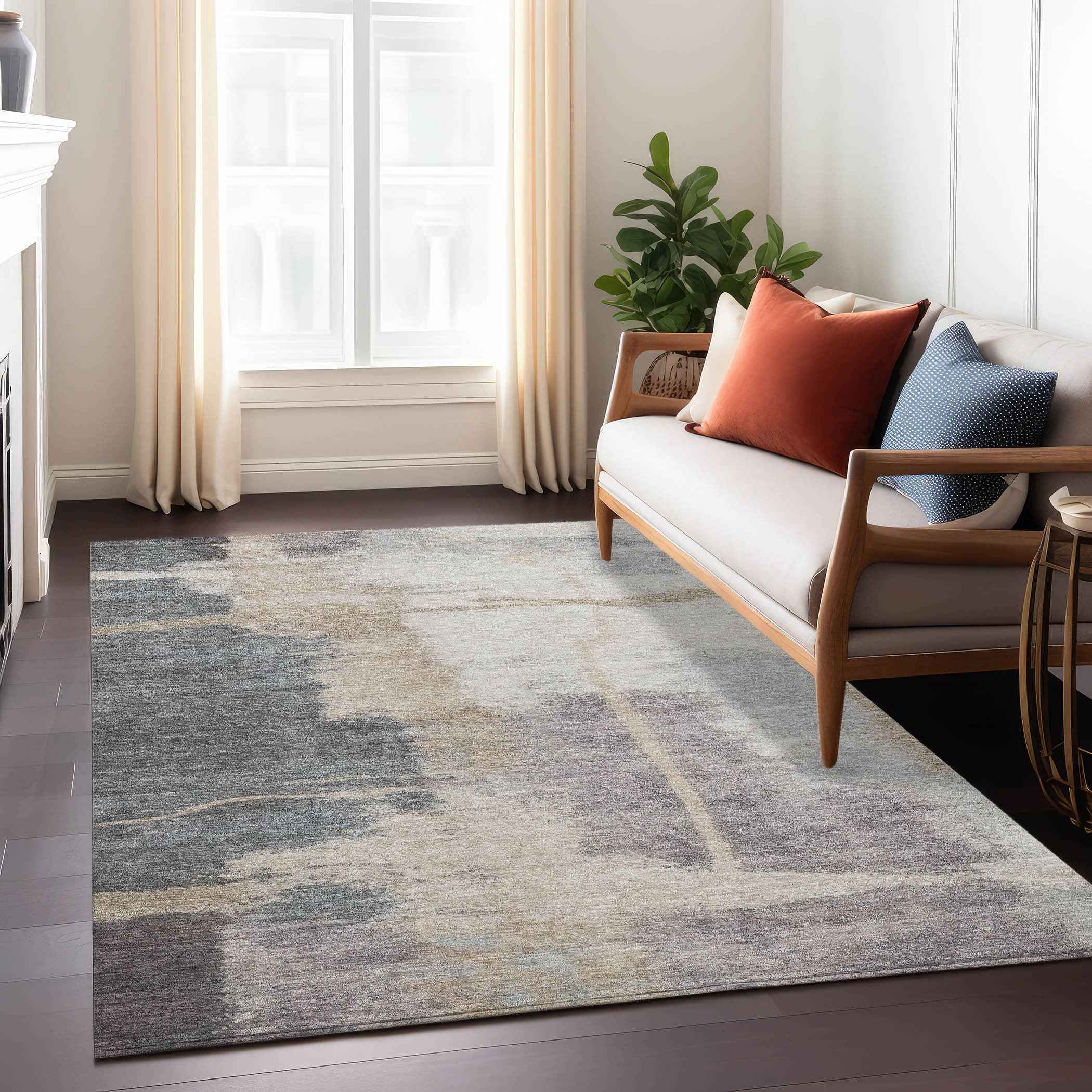 9' X 12' Gray Charcoal And Beige Abstract Washable Indoor Outdoor Area Rug