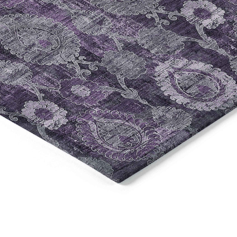 9' X 12' Eggplant Purple And Lavender Damask Washable Indoor Outdoor Area Rug