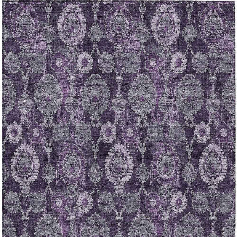 9' X 12' Eggplant Purple And Lavender Damask Washable Indoor Outdoor Area Rug