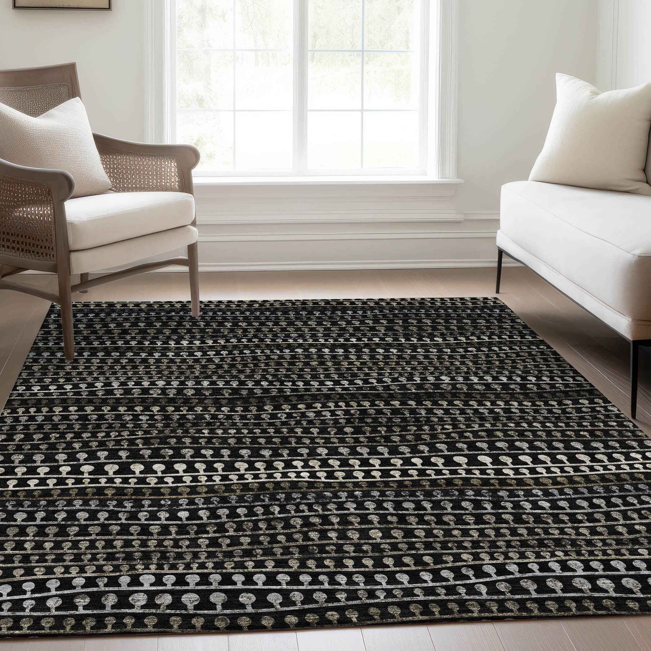 9' X 12' Taupe Charcoal And Gray Striped Washable Indoor Outdoor Area Rug