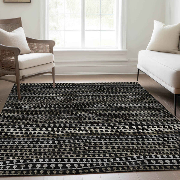 9' X 12' Taupe Charcoal And Gray Striped Washable Indoor Outdoor Area Rug