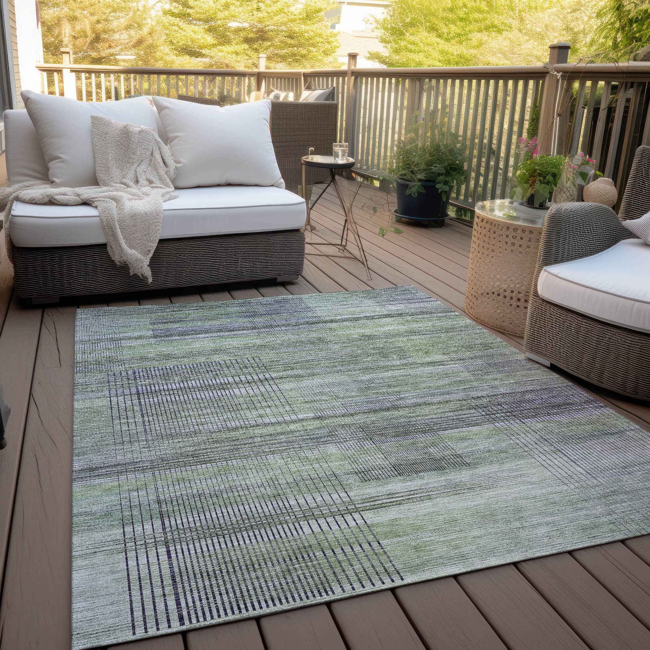 8' X 10' Artichoke Green Purple And Fern Green Striped Washable Indoor Outdoor Area Rug