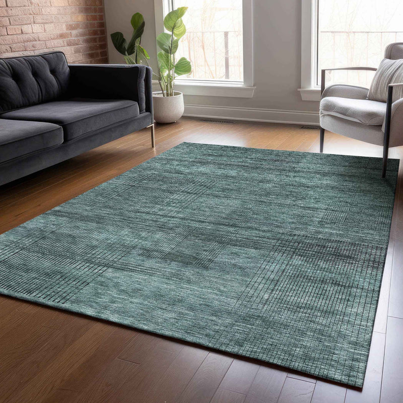 5' X 8' Teal Blue Aqua And Gray Striped Washable Indoor Outdoor Area Rug