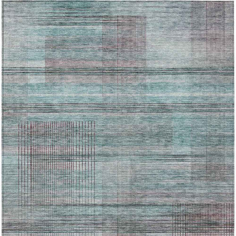 9' X 12' Teal Blue Gray And Charcoal Striped Washable Indoor Outdoor Area Rug