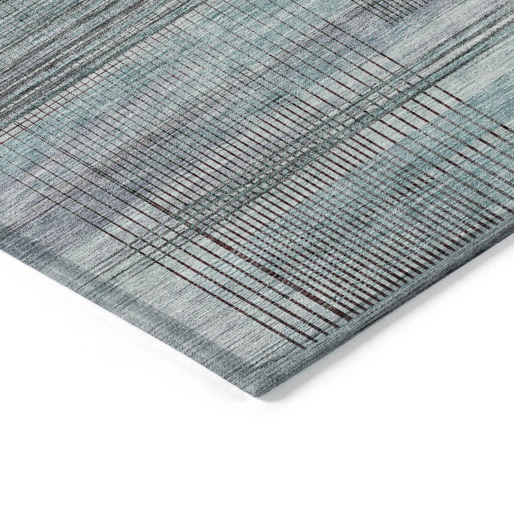 9' X 12' Teal Blue Gray And Charcoal Striped Washable Indoor Outdoor Area Rug