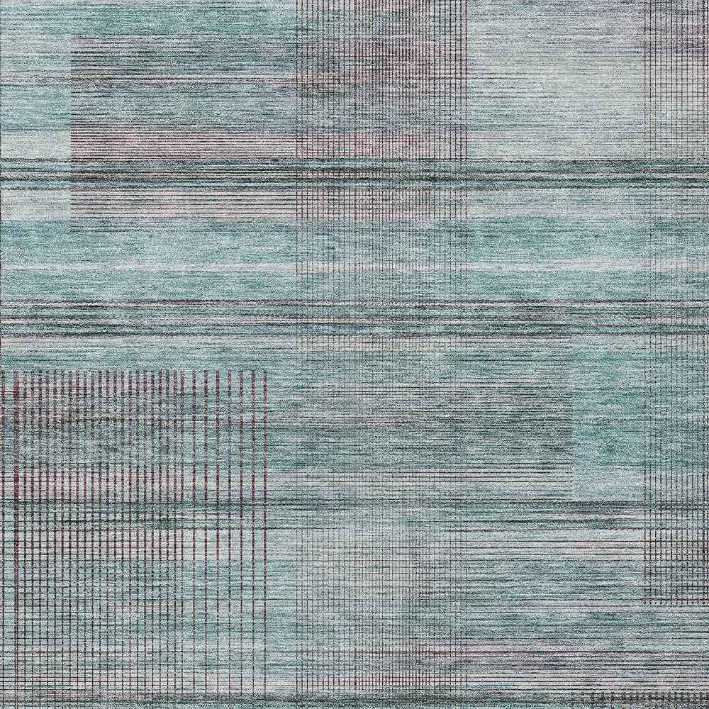 9' X 12' Teal Blue Gray And Charcoal Striped Washable Indoor Outdoor Area Rug