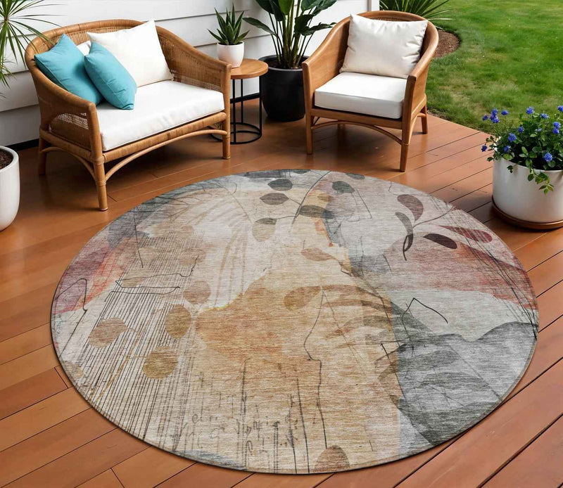 8' Terra Cotta Copper And Beige Round Floral Washable Indoor Outdoor Area Rug